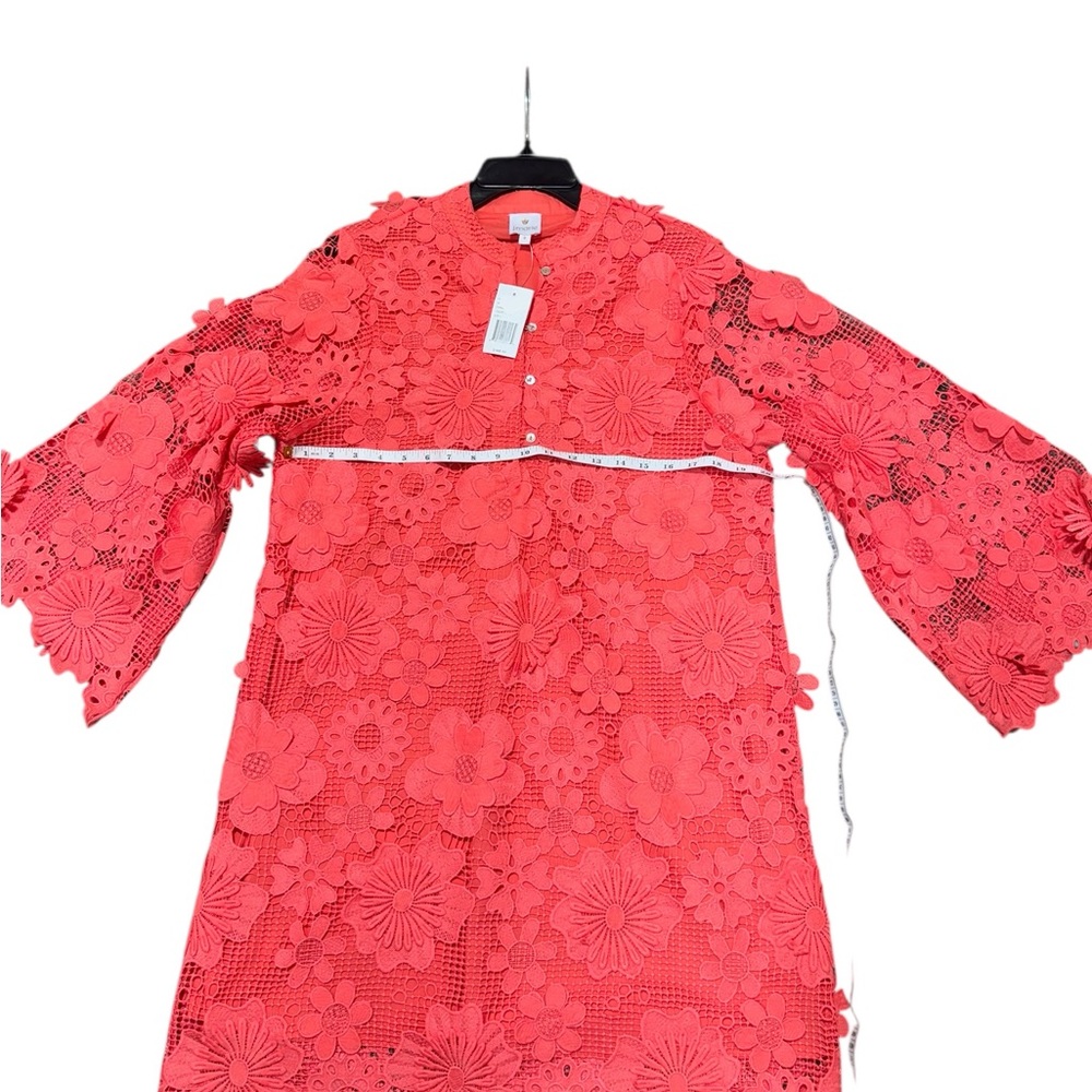 NWT $168 J Marie Seraphina Lace Dress Bright Coral Floral Lined Flare Slv Sz S - Picture 4 of 7